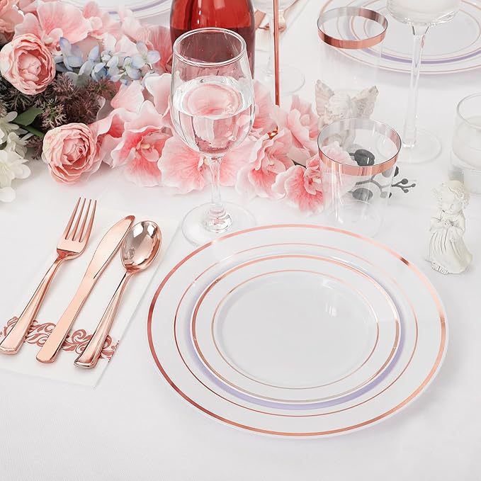 Supernal 200pcs Rose Gold Plastic Dinnerware included Disposable Flatware& Plastic Party Plates Disaposable Cups and Napkins,Perfect for Party,Birthday and Wedding