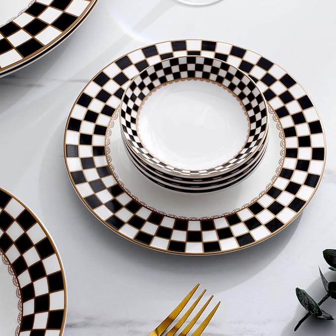 Porlien Checker Pattern 20-piece Round Dinnerware Set for 4, Porcelain Dinner Sets