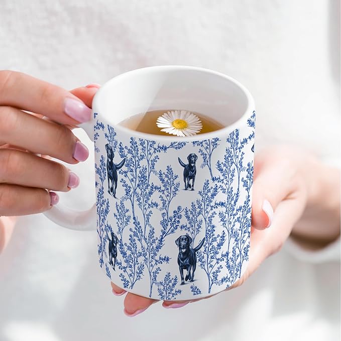 Black Lab Blue French Toile Coffee Mug, Labrador Lover Gifts for Women, Blue Toile Coffee Cup for Black Lab Mom, Pet Dog Lovers Tea Coffee Mug Birthday Gifts for Dog Owners, 15 oz