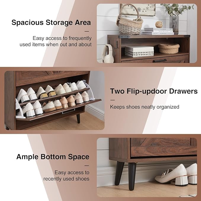 Shoe Storage Cabinet,Farmhouse Shoe Organizer with 2 Flip Drawers & Barn Door Design,Freestanding Hidden Slim Narrow Shoe Rack Cabinet with Open Storage for Entryway, Foyer,Hallway, Walnut