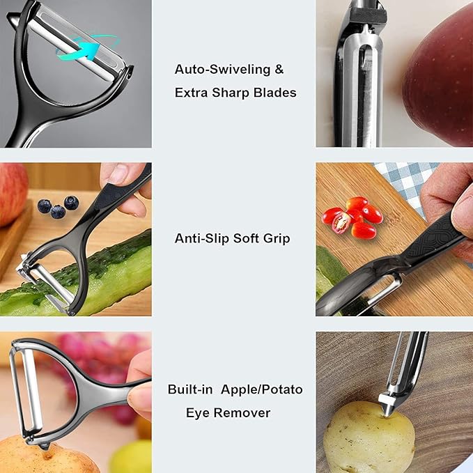 Vegetable Peeler, Potato Peelers for Kitchen Stainless Steel Multi-function Set Fruit Peeler For Kitchen and Household Tools Y & I Shape Swivel Blades with 2 Orange Citrus Peelers(Black)