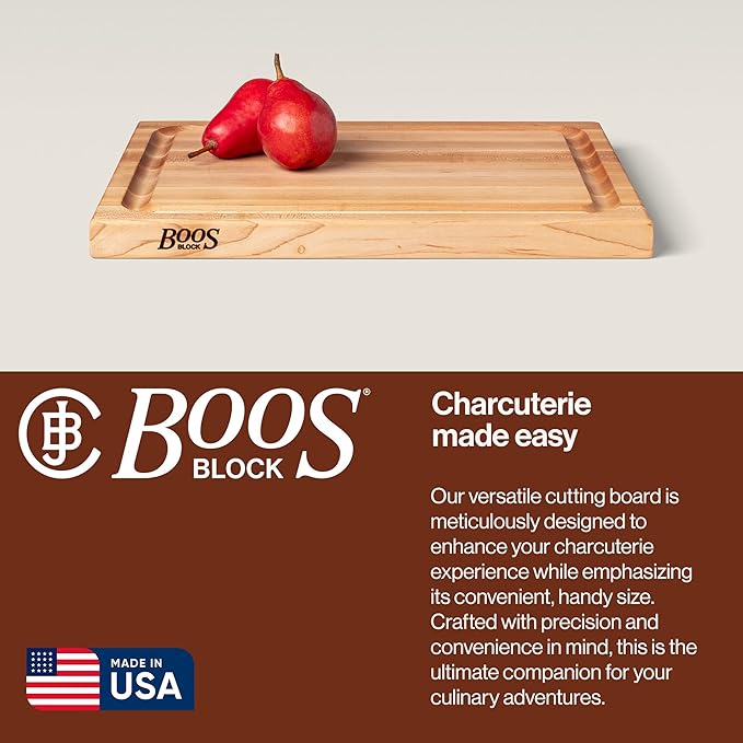 John Boos CB Series Rectangular Wooden Maple Cutting Board 20”x15” – 1.5” Thick, 12-lb Reversible Butcher Block with Juice Groove, Edge-Grain & Finger Grips – Made in the USA