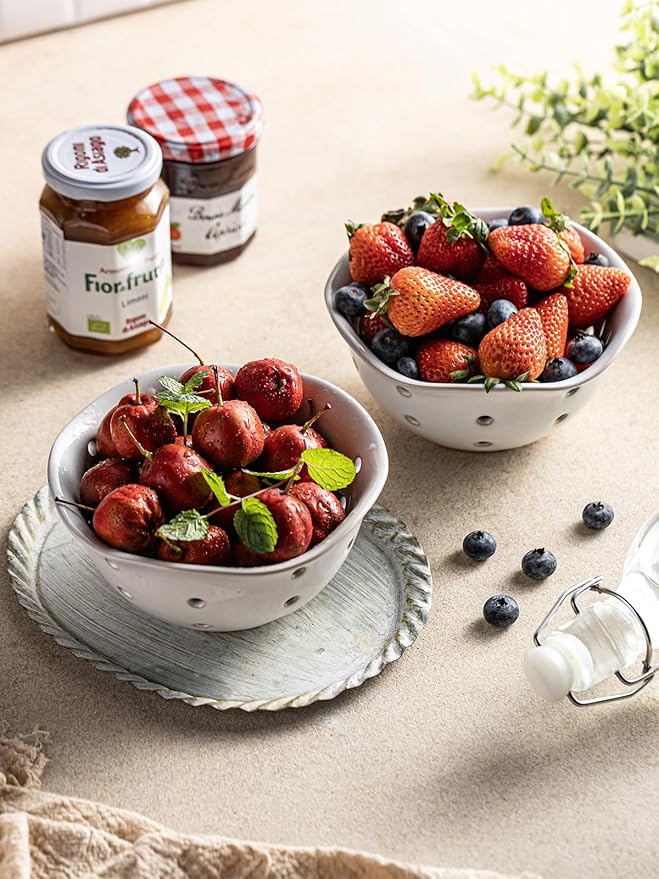 Gomakren Ceramic Berry Basket Set of 2, Elegant Fruit Basket Container 6 Inch, Fruit Bowl with Holes for Kitchen Counter, Berries, Strawberry, Grape, Cherry, Floral Shape - White