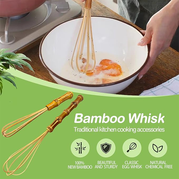 Wooden Whisk, Handcrafted Bamboo Whisks for Cooking Non Scratch, Balloon Whisk for Pancake Batter, Eggs and Sauces, Wooden Whisks Tool For Nonstick Cookware Pans, Bamboo Cooking Utensils (Whisk Set)