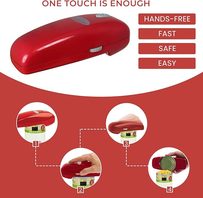 Electric Can Opener - No Sharp Edge Handheld Can Opener - Battery Operated Can Opener - Easy One-Touch Operation - Automatic, Food Safe, Hands Free, Smooth Edge (Red)