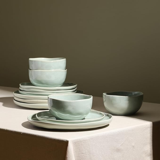 Stone Lain Mirella 12-Piece Stoneware Dinnerware Set, Service for 4 – Reactive Glaze, Light Green – Includes Dinner Plates, Salad Plates, and Bowls – Organic Modern Design