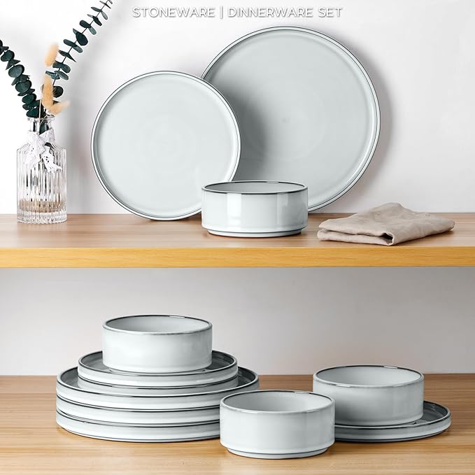 Onader Ceramic Dinnerware Sets for 6, Stoneware Plates and Bowls with Rustic Terracotta Bottom, Elegant Kitchen Dinner Dish Set, 18-Piece Dishware Tableware - Glacier White