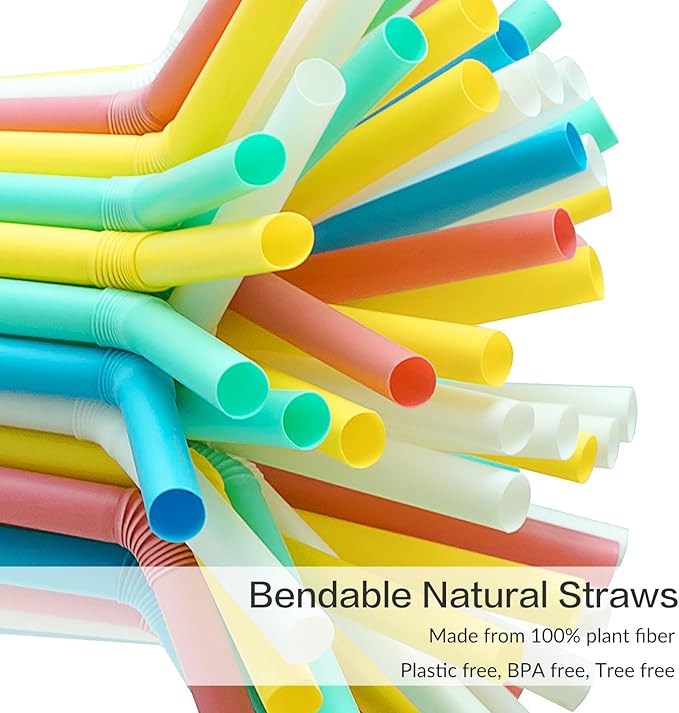 200pcs Colorful Flexible Straws Plastic-Free, 7.75" Compostable Disposable Drinking Straws for Party/Home Use,Biodegradale Eco-Friendly Bendable Straws -5 Assorted Color