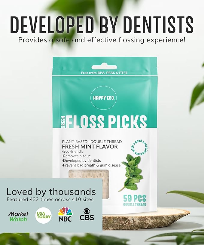 Dental Floss Picks (200pcs) - Flossers for Adults, Vegan Corn-Straw Handle, Superior Oral Care & Anti-Shred Thread, Dental Hygiene, Tooth Pick Sticks, Teeth & Gum Health (Mint, Double Thread)