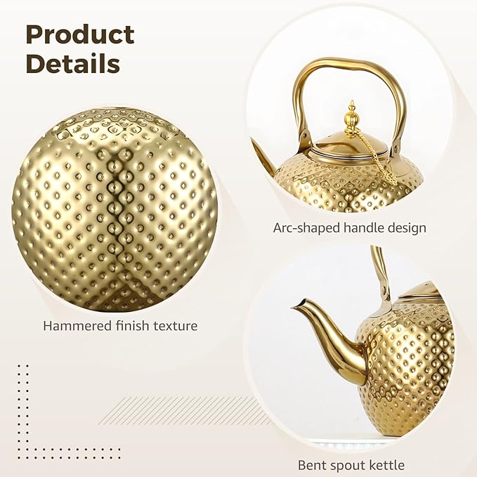 2000ml Tea Kettle, Stainless Steel Teapot with Infuser, Hammered Finish, Curved Spout, Decorative Water Kettle, Gold