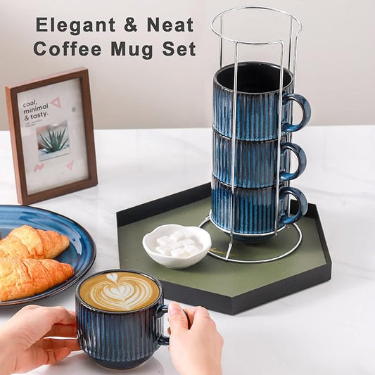 HASENSE Large Coffee Mug Set of 4 with Holder - 15 Oz Stackable Ceramic Ribbed Latte Cup Set for Cappuccino, Tea, Hot Cocoa, Drinks - Dishwasher & Microwave Safe, Navy