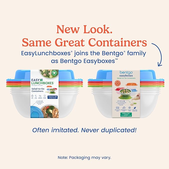 Bentgo Easyboxes Salad-to-Go Containers - 8-Piece Set: 4 Bowls, Leak-Proof Dressing Cups Built-In & 4 Fitted Lids Seal in Freshness; Reusable/BPA-Free for Salad, Pasta, & Cereal (Classic)