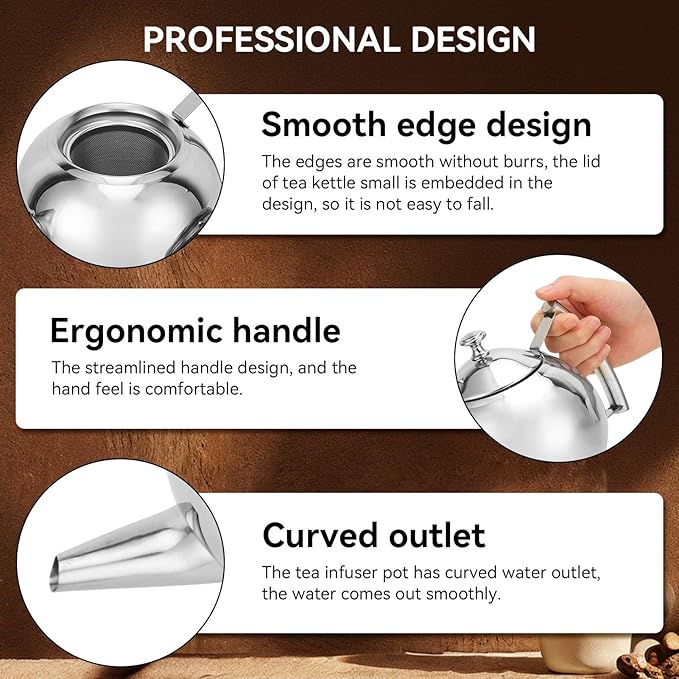 Stainless Steel Tea Pot with Infuser, Tea Pot with Removable Infuser For Loose Leaf and Tea Bags Metal Tea Kettle with Filter Stovetop Tea Maker Brewing Loose Leaves and Tea Bags (1L)