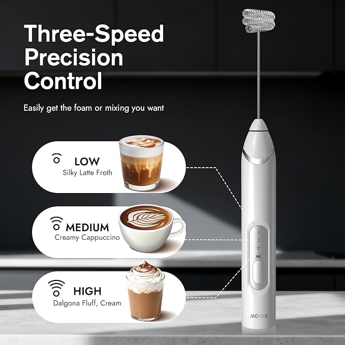 RAFOW Handheld Electric Milk Frother: Rechargeable Frother Wand with Stand, 3 Speeds & Detachable Double Whisk Drink Mixer, Froth Stirrer for Latte, Cappuccino, Cream, Matcha, Dalgona Coffee - White