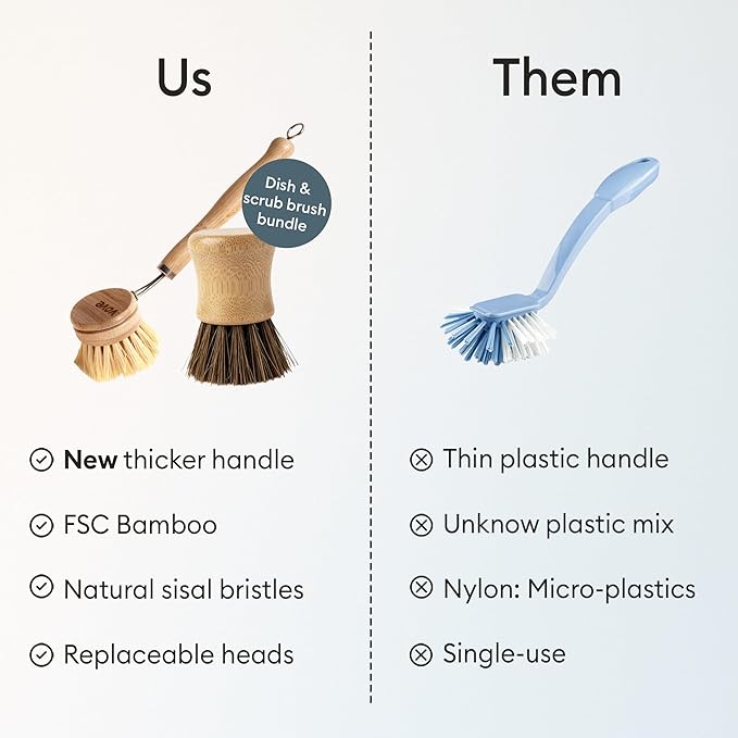 Vove Dish Brush Bundle - FSC-Certified Bamboo Dish Brush & Scrub Brush, 3 Replacement Heads - Natural Fiber Bristles - Non-Toxic, Plastic-Free Kitchen Set