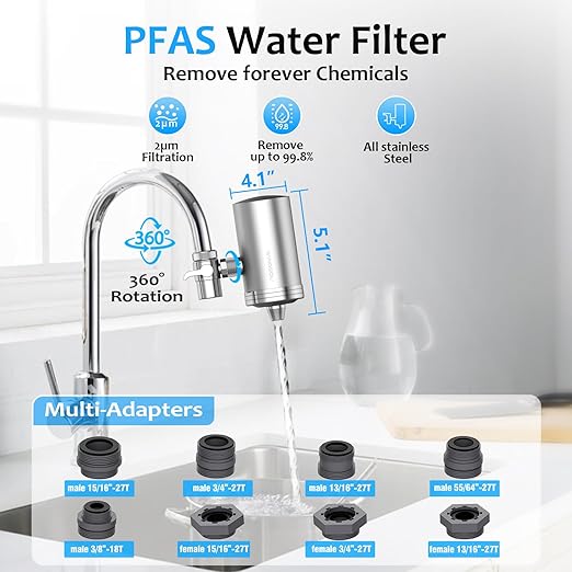 WINGSOL Stainless Steel Water Filter for Sink Faucet, NSF/ANSI 42, 360° Rotating Tap Purifier Reduces PFAS, Lead, Chlorine & Microplastics, 350 Gallons Long-Lasting for Kitchen & Bathroom