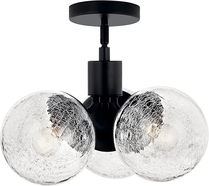 KICHLER Silvarious 3-Light Convertible Pendant, Soft Modern Light with Clear Crackled Glass in Black, for Hallway, Dining Nook, Bedroom or Kitchen (9.5" x 16.5"), 52700BK