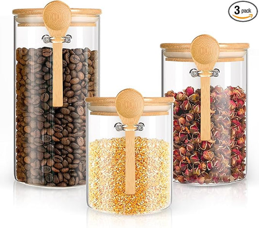 Glass Storage Containers 25oz/ 33oz/ 44oz with Bamboo Lids and Spoons, Glass Food Storage Jar with Lids, Kitchen Canisters Pantry Organizers for Cookie Tea Coffee Bean Overnight Oats (Set of 3)