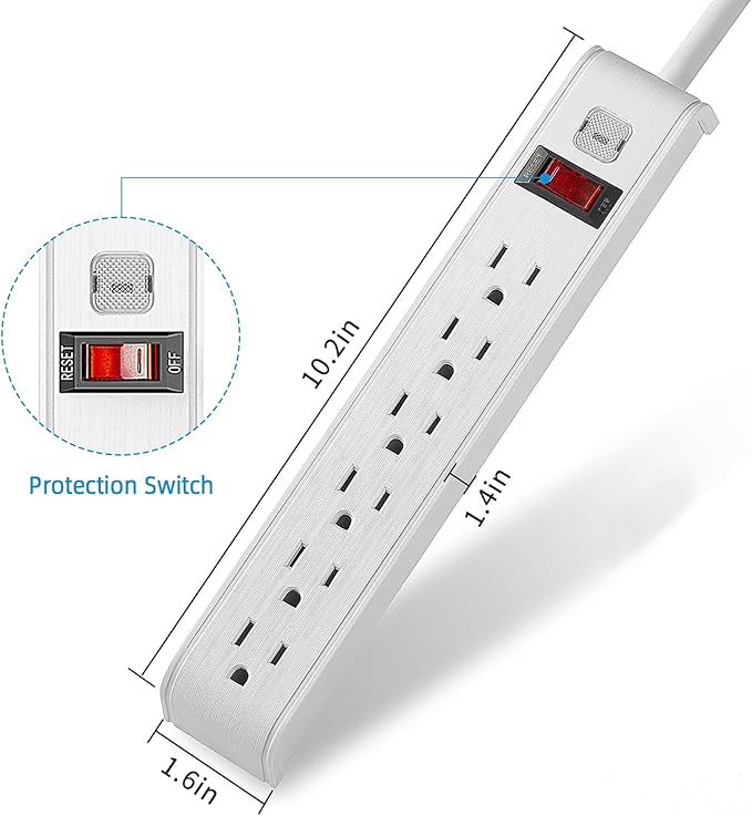 TiFFCOFiO Surge Protector Power Strip, 4 Feet Extension Cord, 600 Joules Surge Protection, Multiple Protection 6 Outlet Strip, 14 AWG Cord, 15A/1875W, ETL Listed (1 Pack)