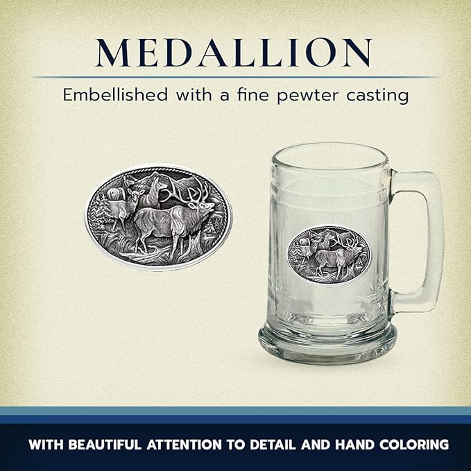 Heritage Pewter Elk Beer Stein Glass | 15 Ounce German-Style Beer Glass | Intricately Crafted Metal Pewter Elk Inlay