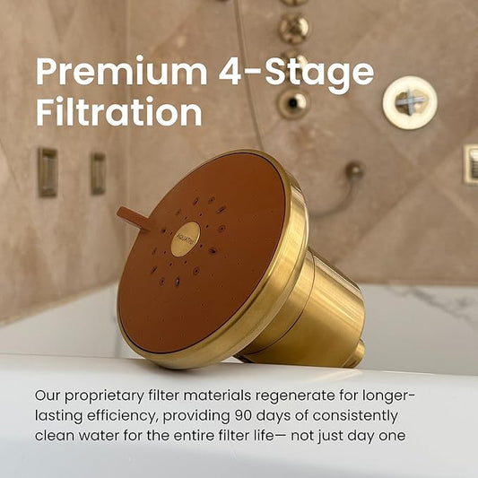 AquaTru Shower - High Pressure Shower Filter Removes Impurities from Hard Water to Support Healthy Skin, Scalp, Hair, Reduce Breakage, and Enhance Your Beauty and Self-Care Routine (Brushed Gold)