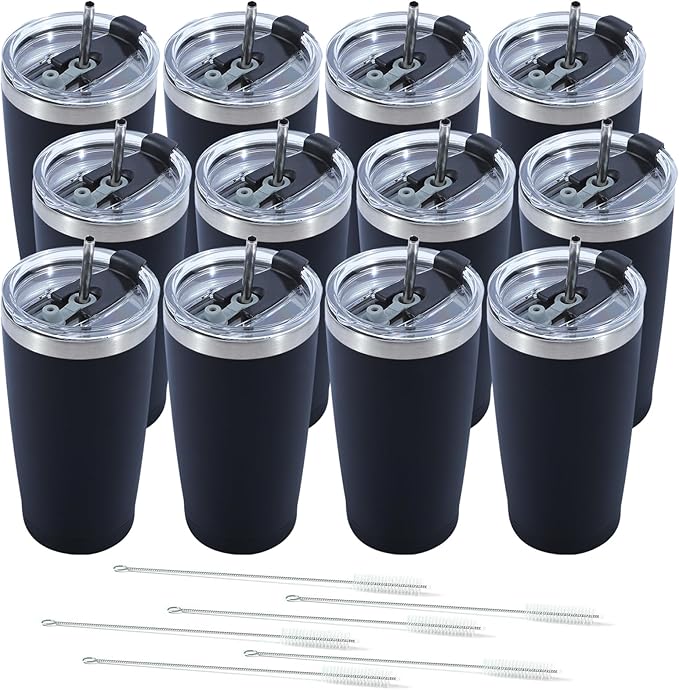 Dongni 20oz Tumbler Bulk Stainless Steel Vacuum Insulated Tumblers with Lid Double Wall Travel Mug Powder Coated Coffee Cup, Suitable for Ice Drinks and Hot Beverage（Black 12 pack）