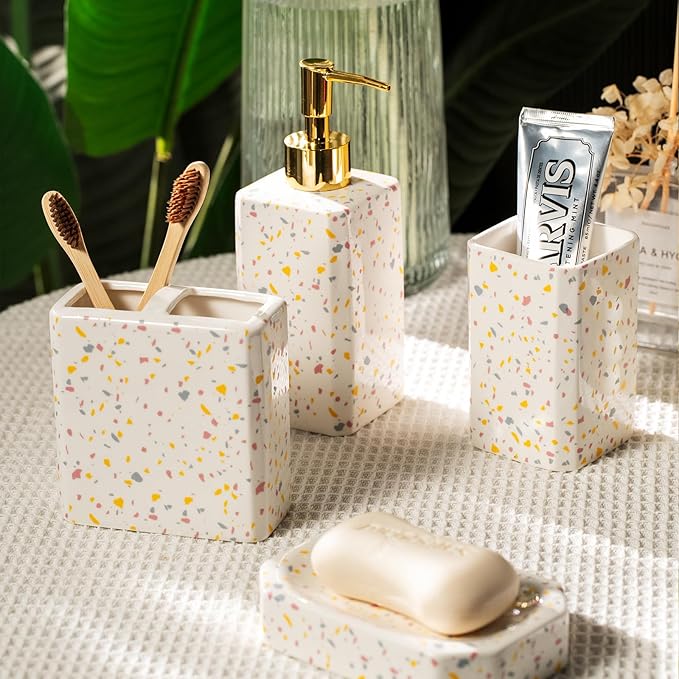 4 Piece Bathroom Accessories Set - Modern Terrazzo Pattern Includes Lotion Dispenser, Toothbrush Holder Tumbler, and Soap Dish - Glossy Finish