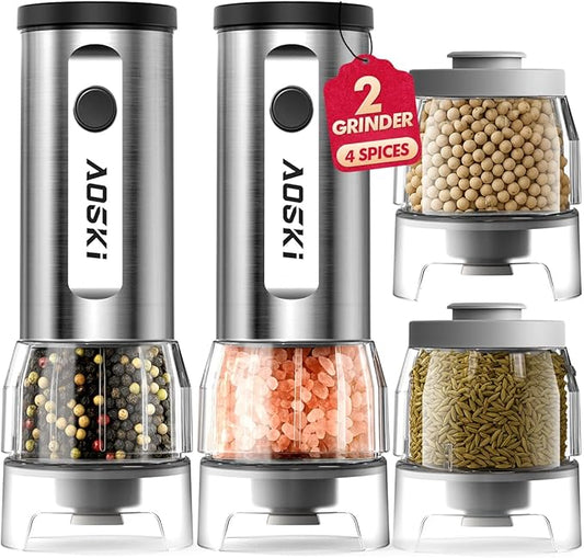 Electric Salt and Pepper Grinder Set: 2 Grinder + 4 Replaceable Jars - Stainless Steel & Separate Hoppers - For Gourmet Sessions - Prevents Spice Mixing for Foodies (2 Grinder + 4 Jars)