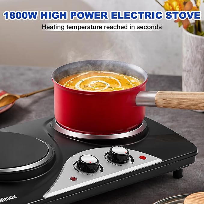 Hot Plate, CUSIMAX Electric Stove 1800W Double Burner, Portable Ceramic Infrared Cooktop, Dual Control Burners for Cooking, Heat-Up in Seconds, Compatible for All Cookwares, Black