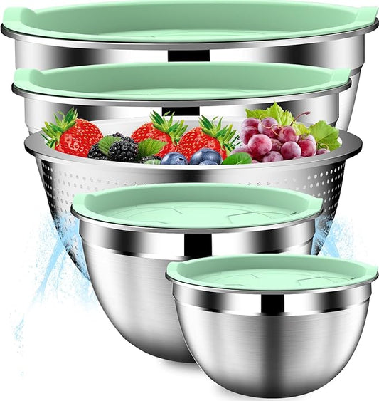 Mixing Bowls with Lids Set, Stainless Steel Mixing Bowl Set with Colander, Strainer with Bowls - Pistachio