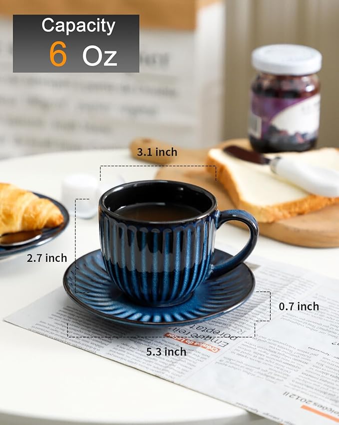 Hasense Ceramic Cappuccino Cups and Saucers Set of 4, Ribbed 6 Oz Demitasse Tea Cup with big Handle, Mugs Set for Coffee,Tea,Latte and Mocha, Aesthetic Gift for Anniversary or Holiday, Blue
