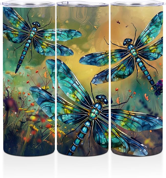 Coffee Tumbler, 20 oz Tumbler, Insulated Coffee Mug with Lid, Skinny Stainless Steel Thermal Cup, Slim Vacuum Water Bottle Travel Mug, Christmas Birthday Dragonfly Gifts for Women Men Girls Sister
