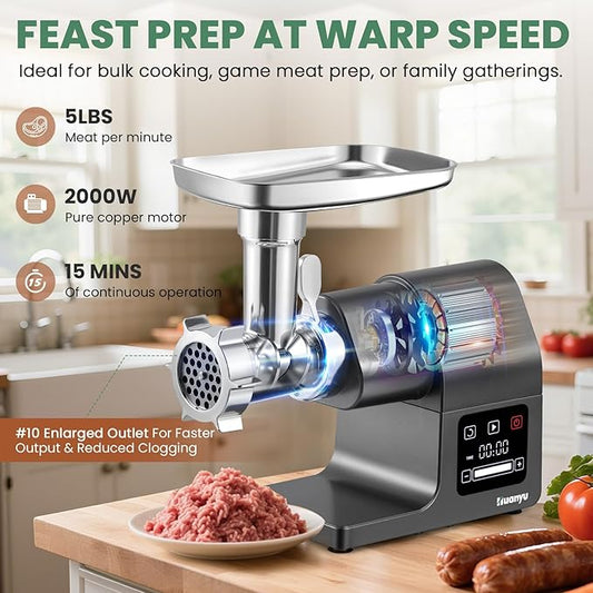 Huanyu Meat Grinder Electric 2000W Max Power Heavy Duty with Touchscreen, 2 Blades, 3 Plates, Sausage Tubes and Kubbe Kit #10 Outlet for Home Use