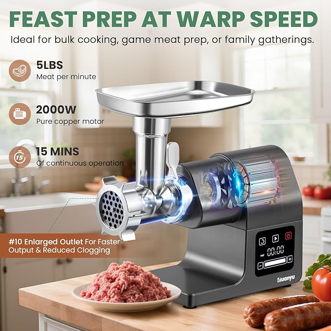 Huanyu Meat Grinder Electric 2000W Max Power Heavy Duty, Ice Shaver and Veggie Shredder with Touchscreen, 2 Blades, 3 Plates, Sausage Tubes and Kubbe Kit #10 Outlet for Home Use