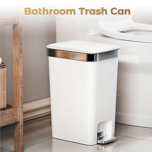 2Pack Small Bathroom Trash Can with Lid Soft Close, 10 Liter/2.6 Gallon Slim Garbage Can-Metal Step and Press top Lid, Mini Modern Waste Basket for Toilet, Office, Bedroom,Dorm,Grayish-White