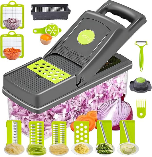 16-IN-1 Effortless Press-Handle Food Chopper with Thick ABS Container – Anti-Jam Design, Comfortable Grip, Veggie Cutter That Saves Your Wrists