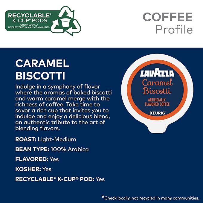 Lavazza Caramel Biscotti Coffee, Single Serve Keurig K-Cup Pods, Flavored Coffee, 88-Count Box (4 Packs of 22)