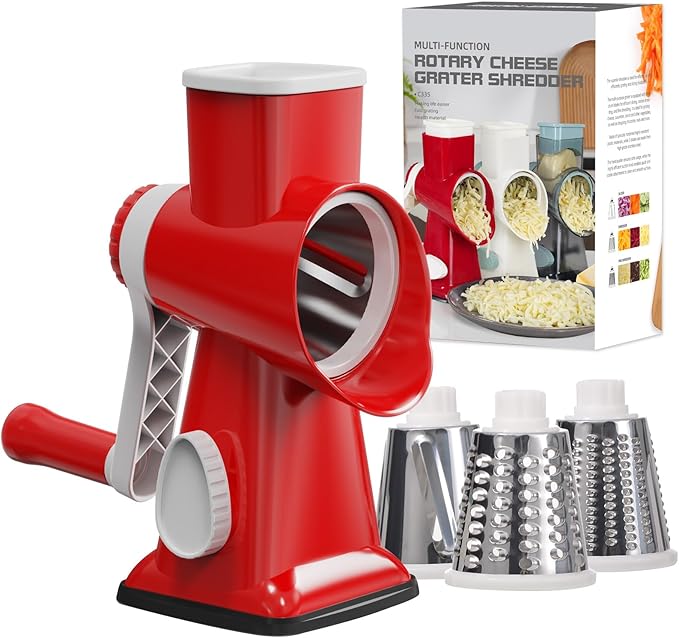 Cheese Grater Cheese Shredder with 3 Interchangeable Blades, Rotary Cheese Grater Manual Vegetable Slicer with Non-slip Suction Base Peanut Nuts Grinder Vegetable Shredder Red