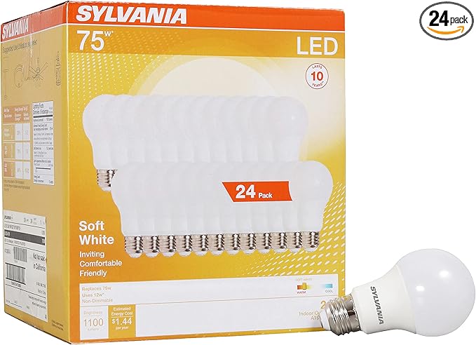 Sylvania LED Light Bulb, 75W Equivalent A19, Efficient 12W, Medium Base, Frosted Finish, 1100 Lumen, Soft White - 24 Pack (41300)