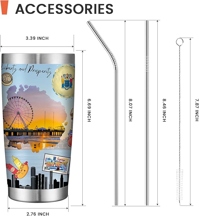 20oz Insulated Tumbler New Jersey State Coffee Mug, United States Map Travel Mug Landmark, Birthday Gifts Cute Custom Tumbler Cups with Lid and Straw Gifts for Mom