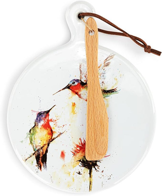 DEMDACO Dean Crouser Collection Watercolor Hummingbirds Round Mini 5 x 6.5 Stoneware, Suede, Wood Cutting Cheese Serving Board with Knife