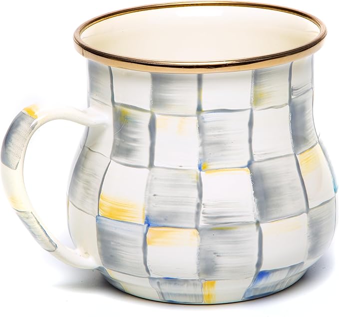 MACKENZIE-CHILDS Enamel Mug, Cute Enamelware Coffee and Tea Mug, Unique Drinkware, 16 Ounces, Gray-and-White Sterling Check, Set of 1
