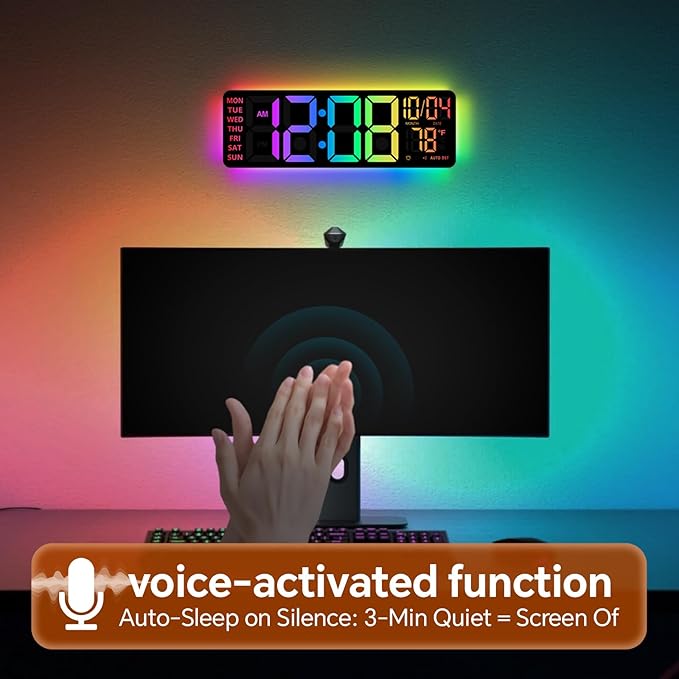 16" Digital Wall Clock with Night Light, Digital Clock with RGB Colors Changing Remote Control, Dual Alarm, Dimmer, Auto DST, Voice Control, Auto Time Sync, Clocks for Living Room, Gift for Elderly