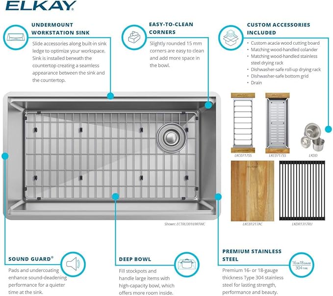 Elkay ECTRU24169RTWC Crosstown 25-1/2" Undermount Single Basin Stainless Steel Kitchen Sink with Basin Rack, Basket Strainer, Colander, and Cutting Board - Stainless Steel