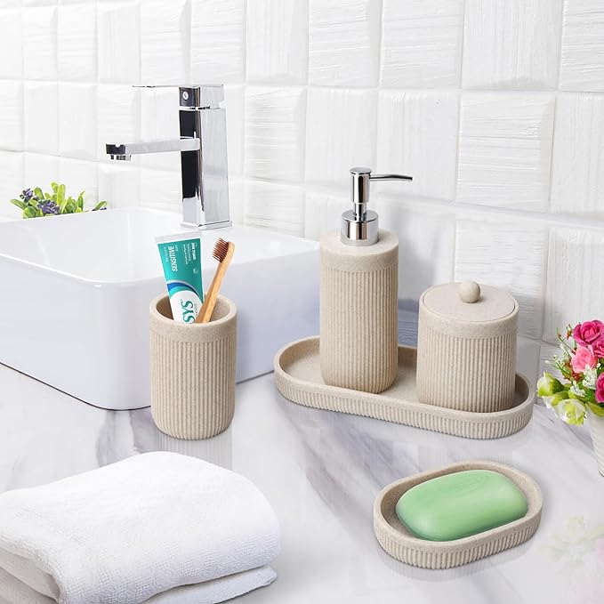 Bathroom Accessory Set 5Pcs- Lotion Soap Dispenser,Toothbrush Holder,Qtip Holder Dispenser,Vanity Tray and Soap Dish-Modern Bathroom Decor Vanity Countertop Organizer,Beige