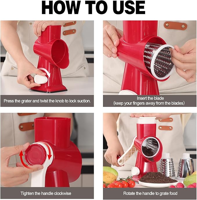 Cheese Grater Cheese Shredder with 3 Interchangeable Blades, Rotary Cheese Grater Manual Vegetable Slicer with Non-slip Suction Base Peanut Nuts Grinder Vegetable Shredder Red