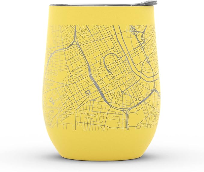 Well Told Engraved Nashville Tennessee Map Insulated Wine Tumbler, Etched Stainless Steel Cup (12 oz, Sunrise Yellow) City Map Insulated Tumbler, Custom Insulated Tumbler, Outdoor Drinkware