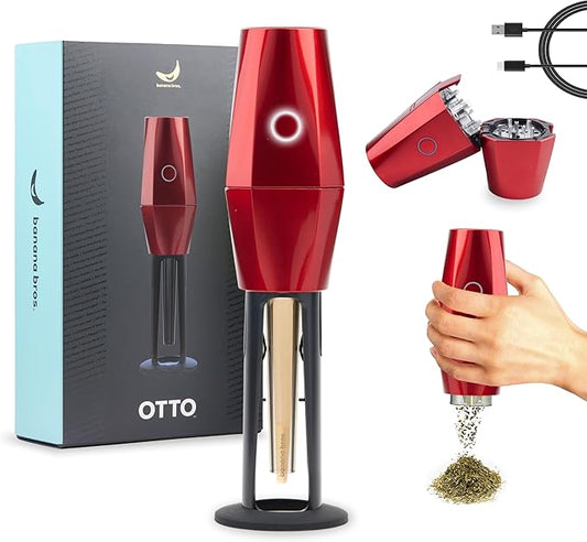 Banana Bros OTTO Electric Smart Spice Grinder - Automatic Herb Grinder with Smart Technology - Rechargeable via USB - Portable Milling for Dry Herbs and Spices - Red - Carrying Case Included