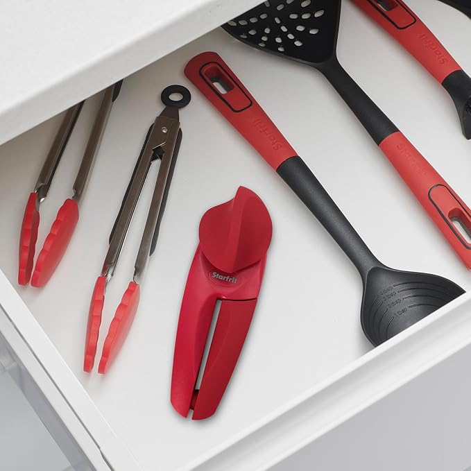 Starfrit MightiCan Can Opener - Safe - Holds Lid and Leaves No Sharp Edges on Lid - 3 Year Warranty - Comfort Grip - Heavy Duty Non-Slip Knob - Red