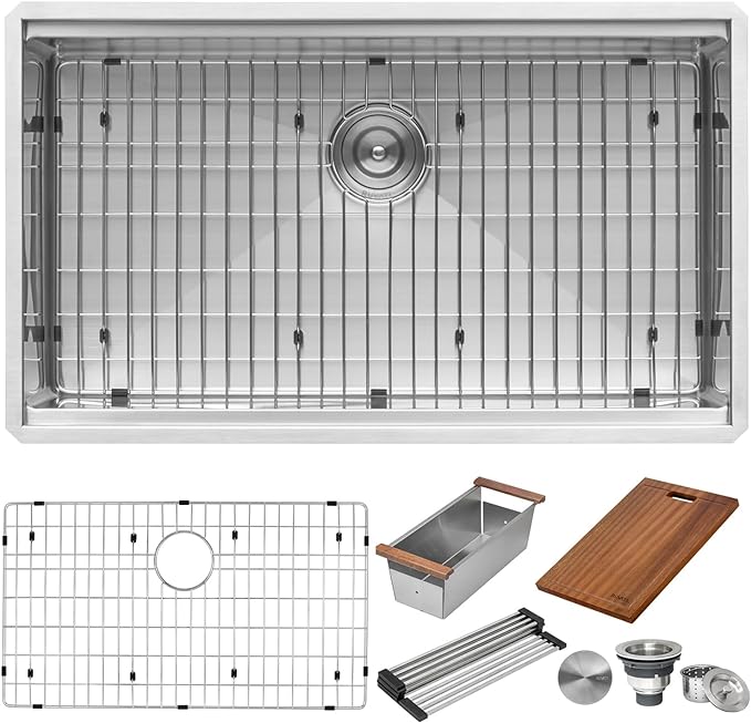 Ruvati 33-inch Round Corner Undermount 16 Gauge Stainless Steel Workstation Kitchen Sink Single Bowl – Soundproof Multifunction Chef Sink with Cutting Board & Accessories – RVH8303